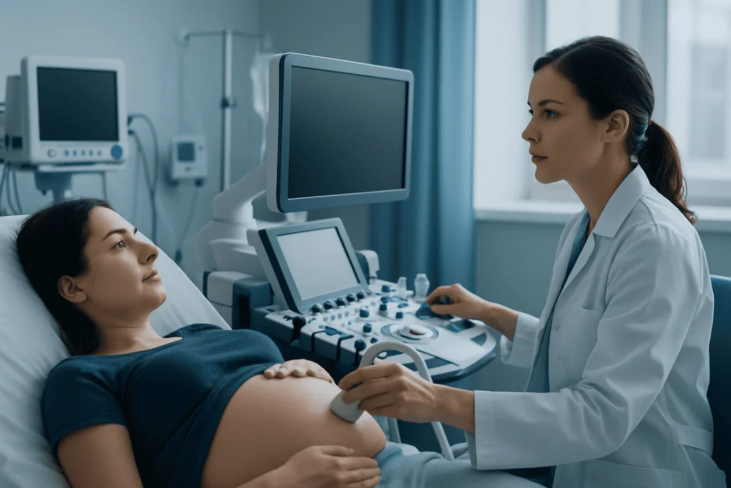 Pregnant woman undergoing ultrasound scan at hospital.