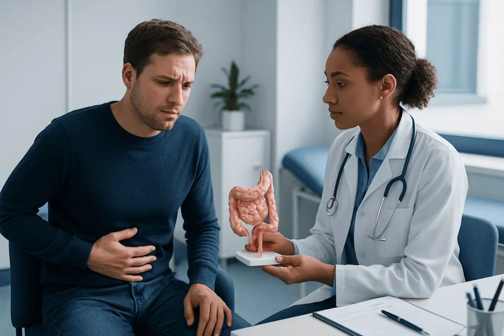 Doctor explaining appendix to patient in a medical consultation.