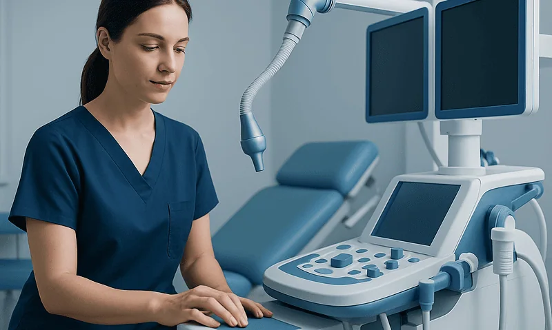 Medical professional preparing ultrasound equipment in a clinical setting.