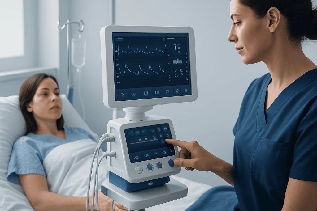 Medical professional monitoring patient with vital signs device in hospital.