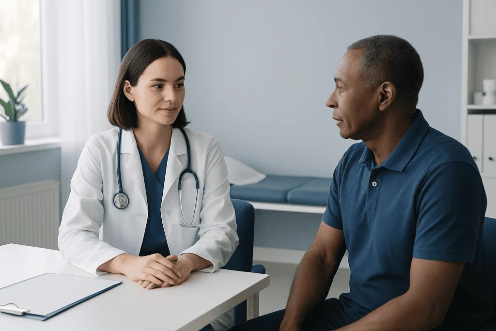 Doctor consulting with a patient in a medical office.