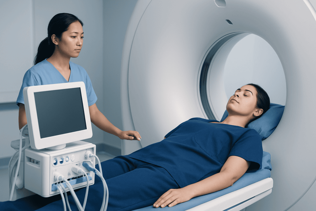 Patient undergoing a CT scan at Acibadem Hospital for medical diagnosis.