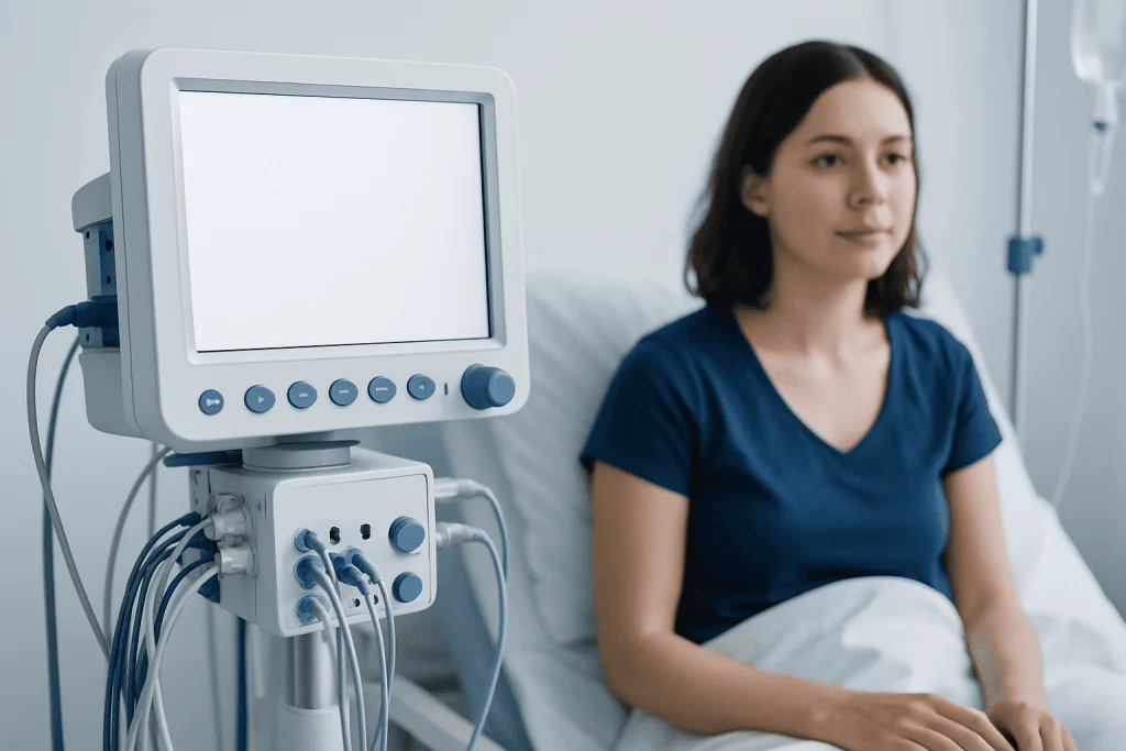 Young woman in hospital bed with medical monitor nearby.