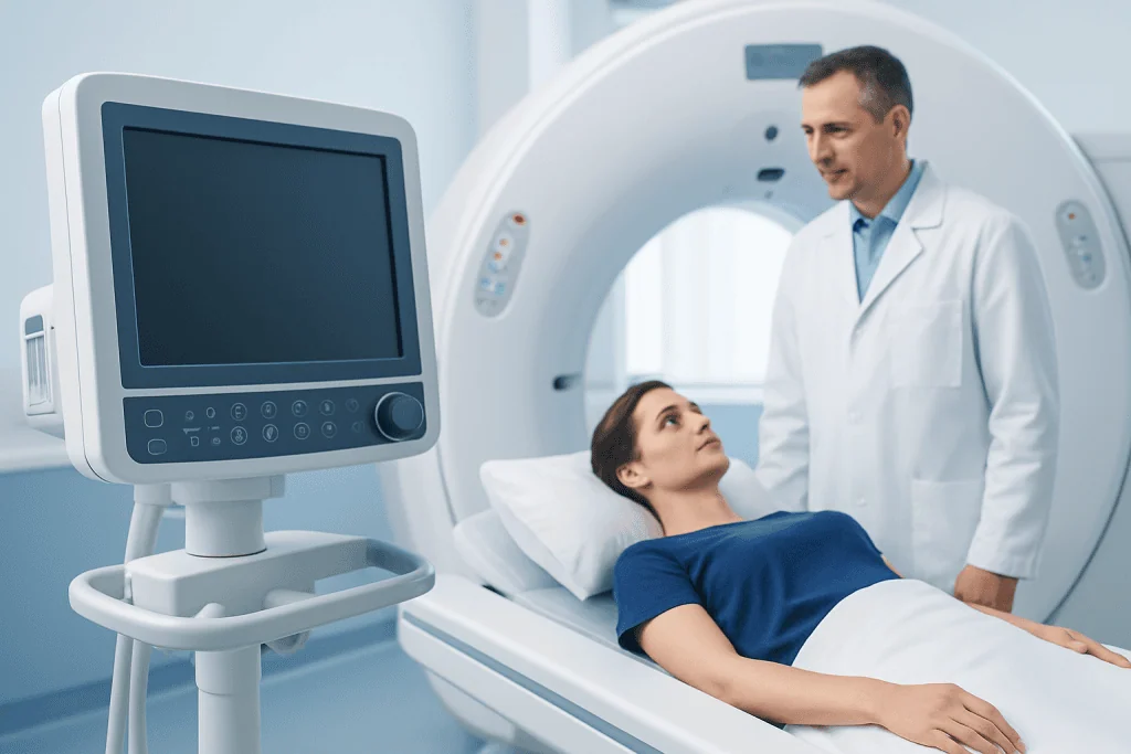 Doctor and patient in MRI scan room at Acibadem Hospitals Group.