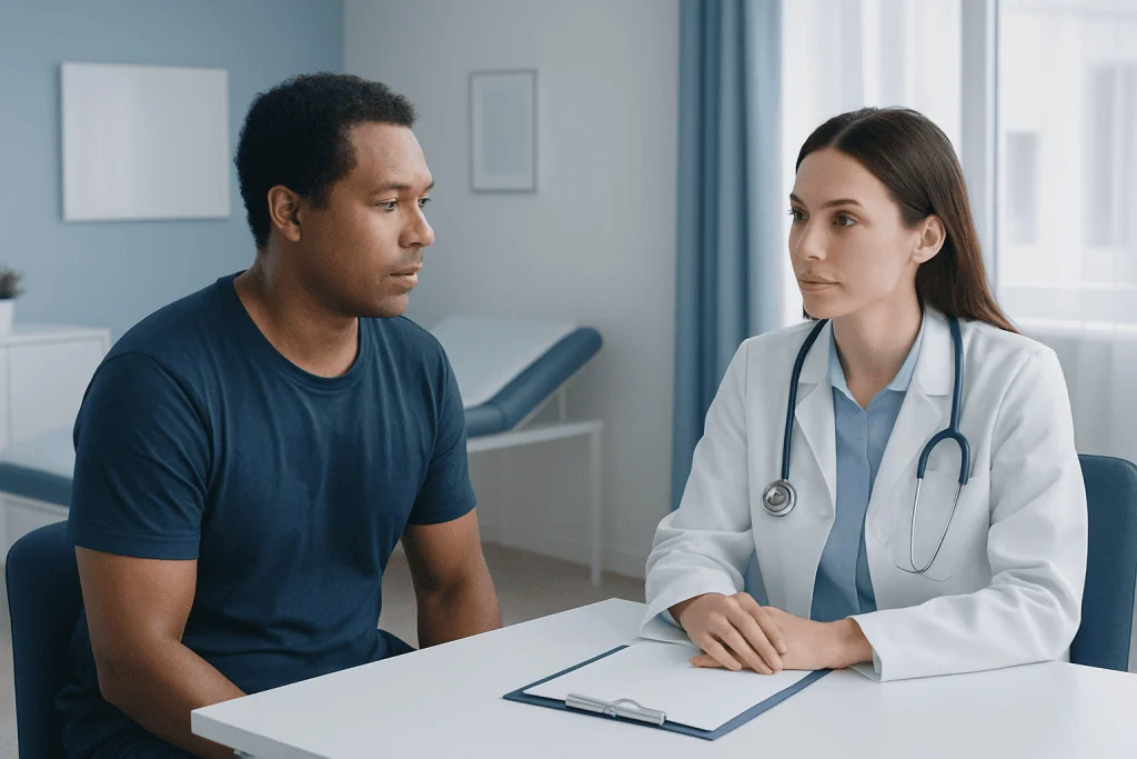 Doctor consulting with patient in a medical office setting.