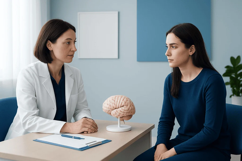 Doctor and patient discussing mental health with brain model in clinic.