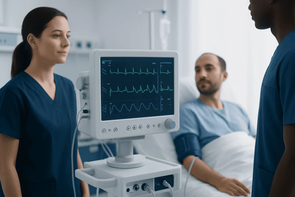 Medical professionals monitor a patient's heart on an ECG machine in a hospital.