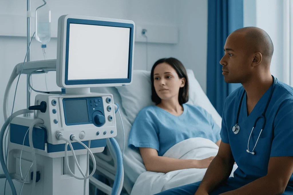 Medical professionals with patient in hospital room with monitoring equipment.