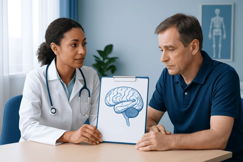 Doctor explaining brain diagram to patient in a medical consultation.