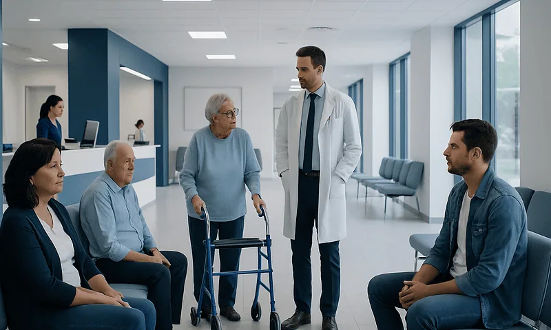Doctor consulting elderly patient with walker in hospital waiting area.