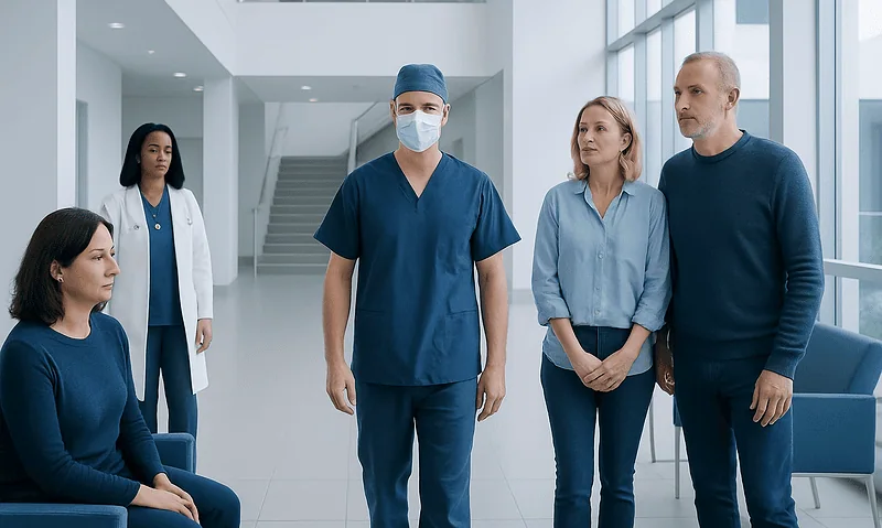 Medical team discussing patient care in modern hospital lobby.