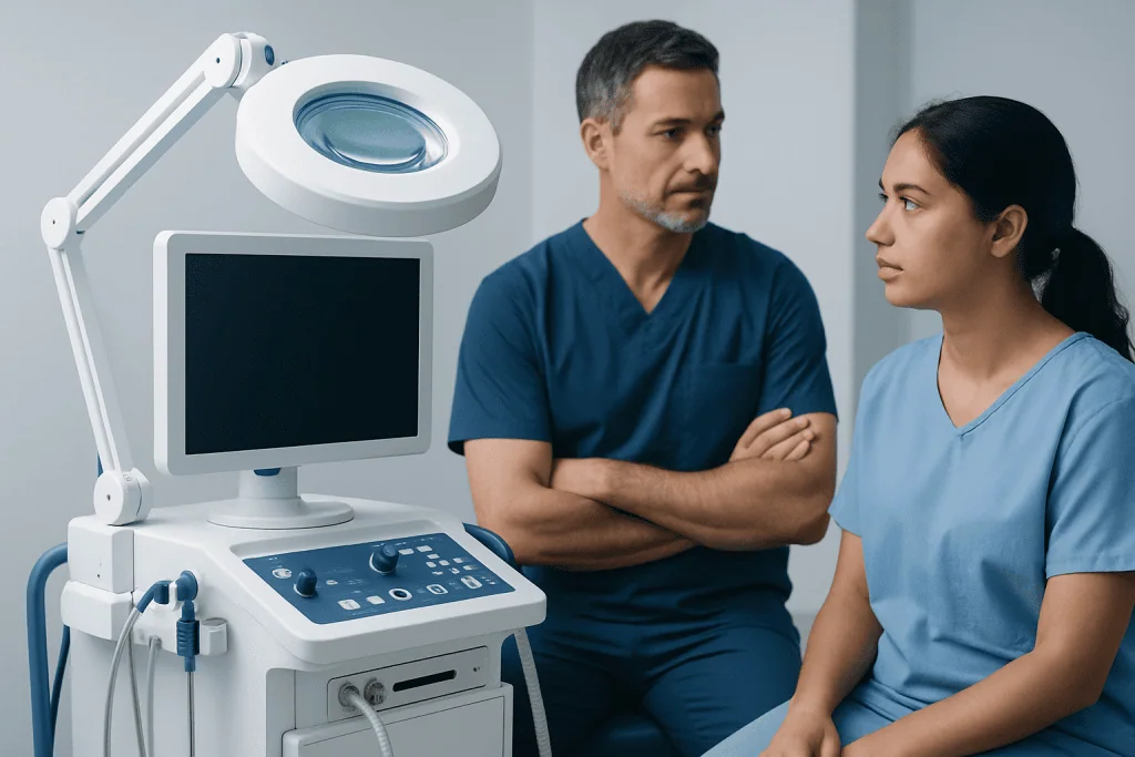 Medical professionals discussing a diagnostic ultrasound machine in a clinic.