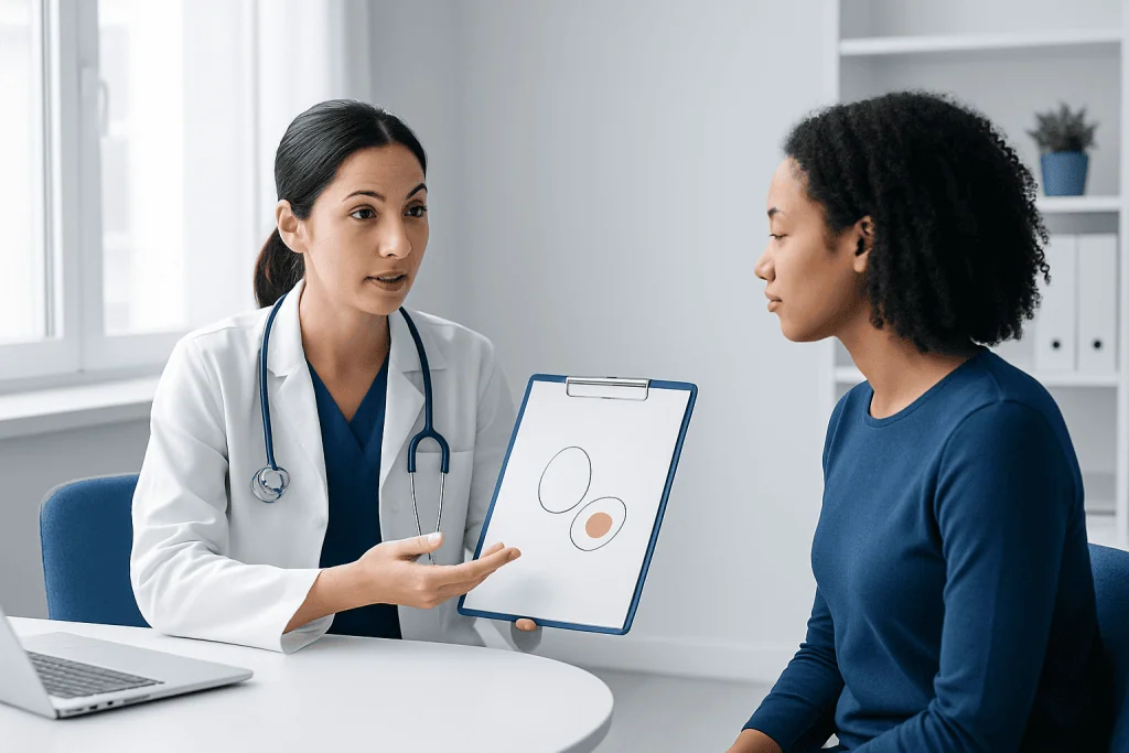 Doctor explaining medical diagram to patient in consultation room.