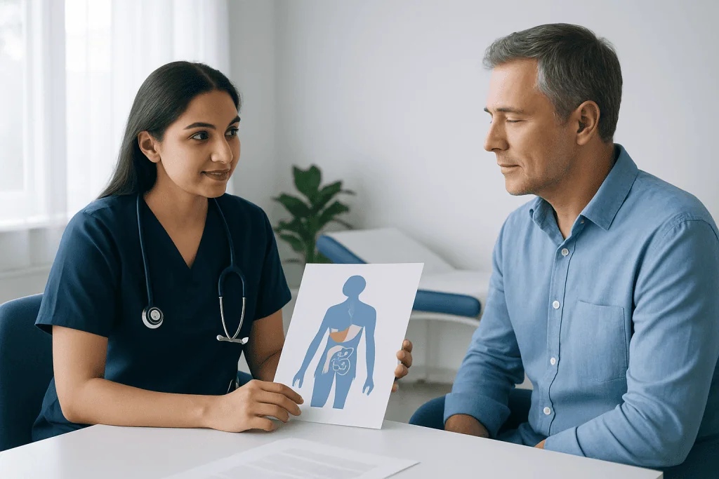 Doctor explaining digestive system to male patient in consultation room.