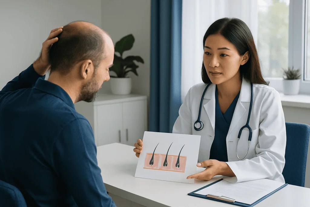 Doctor explains hair growth cycle to patient with diagram of hair phases.