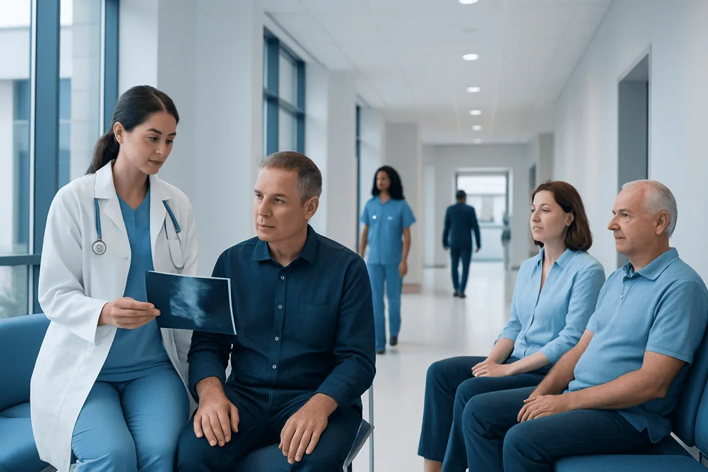 Traveling to Turkey with Recent Scan Results: How Current Your Imaging Needs to Be 1 Doctor explaining scan results to patient in hospital corridor.