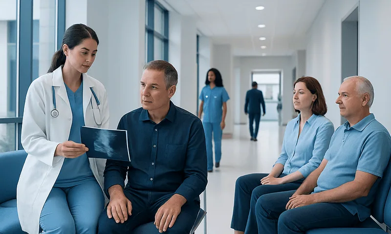 Doctor explaining scan results to patient in hospital corridor.
