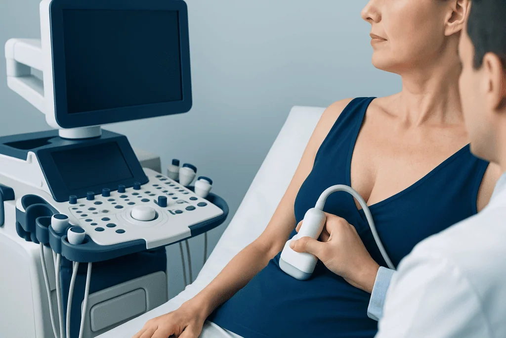 Medical professional performing an ultrasound on a woman in a clinical setting.