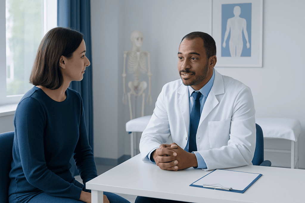 Doctor consulting with a female patient in a medical office setting.