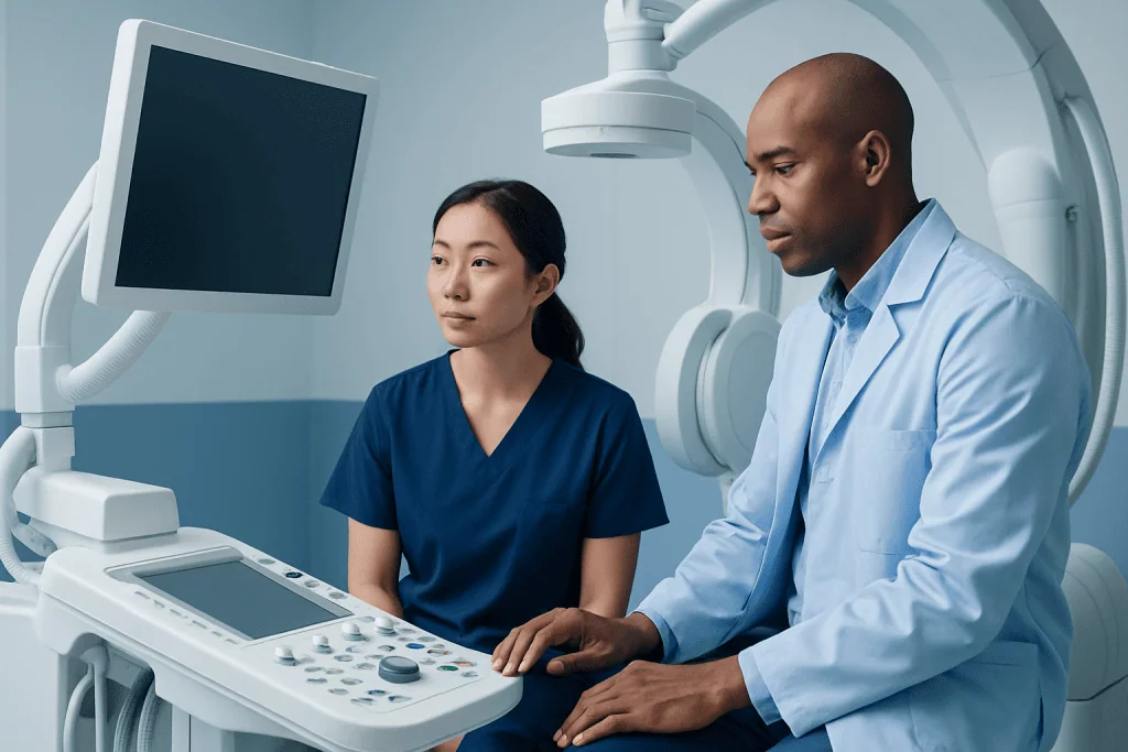 Medical professionals operating an ultrasound machine in a hospital setting.