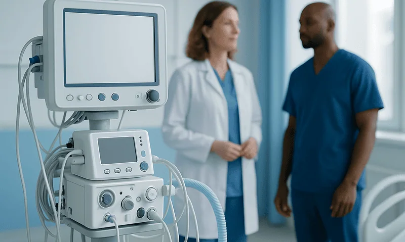 Medical professionals discussing patient care in a hospital room with monitoring equipment.
