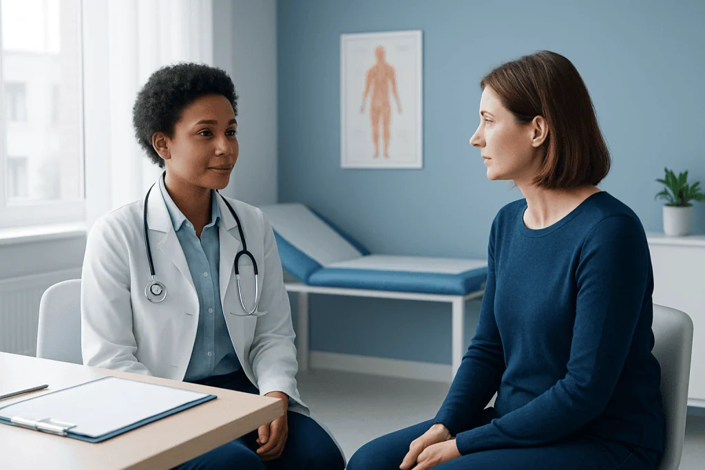 Doctor consulting with a patient in a medical office setting.