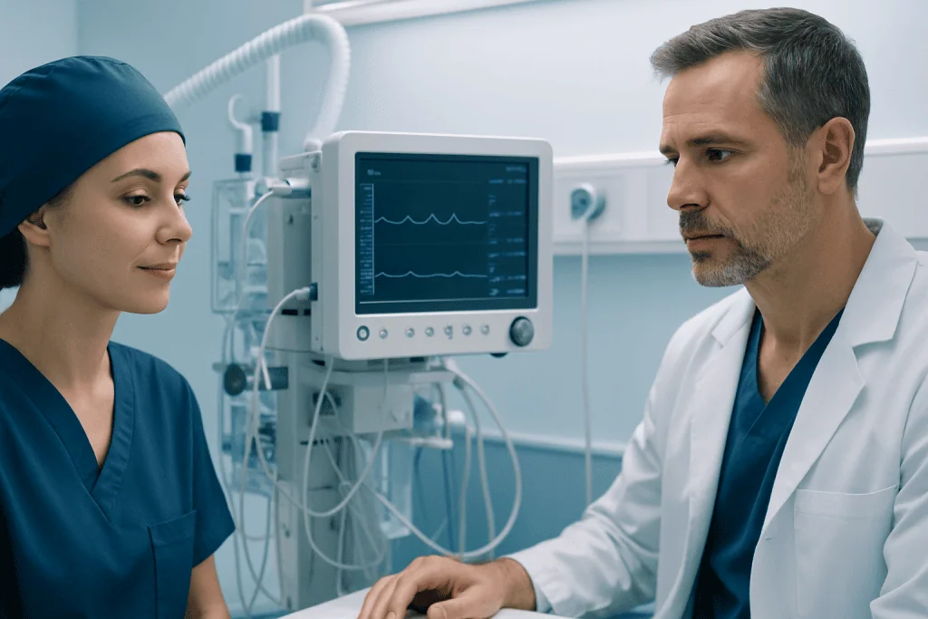 Medical professionals analyzing patient data in a hospital setting.