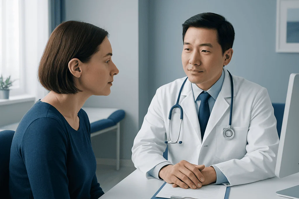 Doctor consulting with a female patient in a medical office setting.
