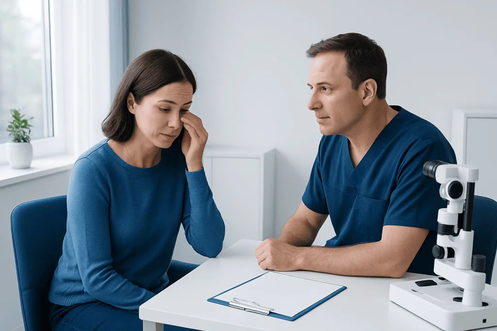 Patient consulting with doctor about eye health and tear duct issues.