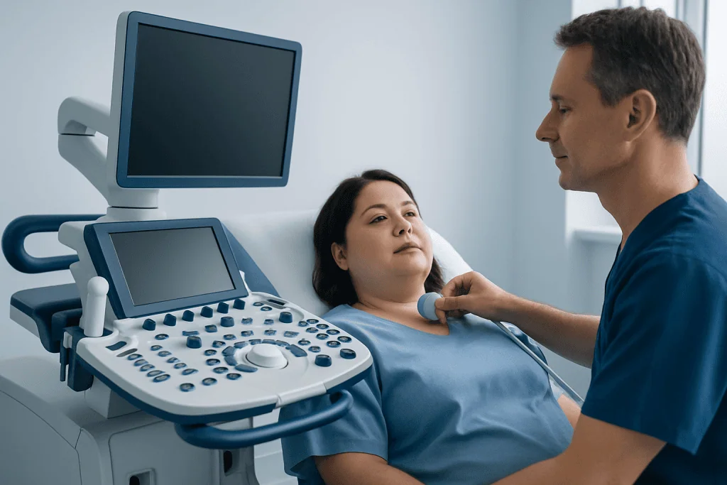 Doctor performing an ultrasound examination on a woman patient in a medical clinic.