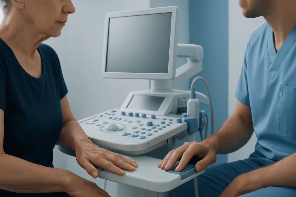 Medical professional performing an ultrasound examination on a patient.