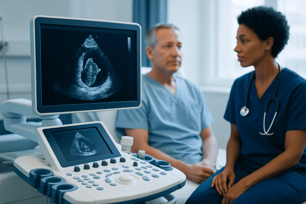 Doctor explaining heart ultrasound to patient in hospital.