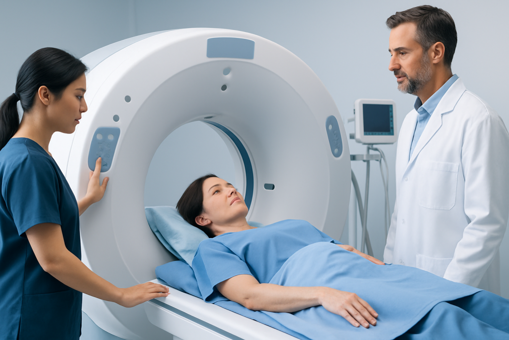Patient undergoing a CT scan at Acibadem Hospital for diagnostic imaging.