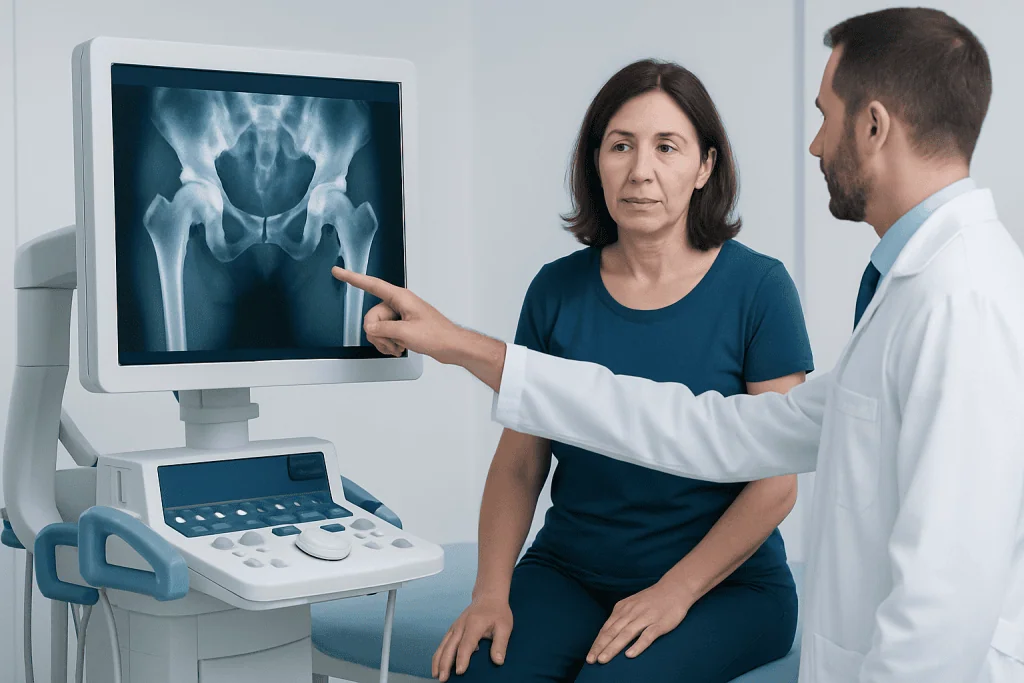 Doctor explaining hip X-ray to patient in a medical consultation room.