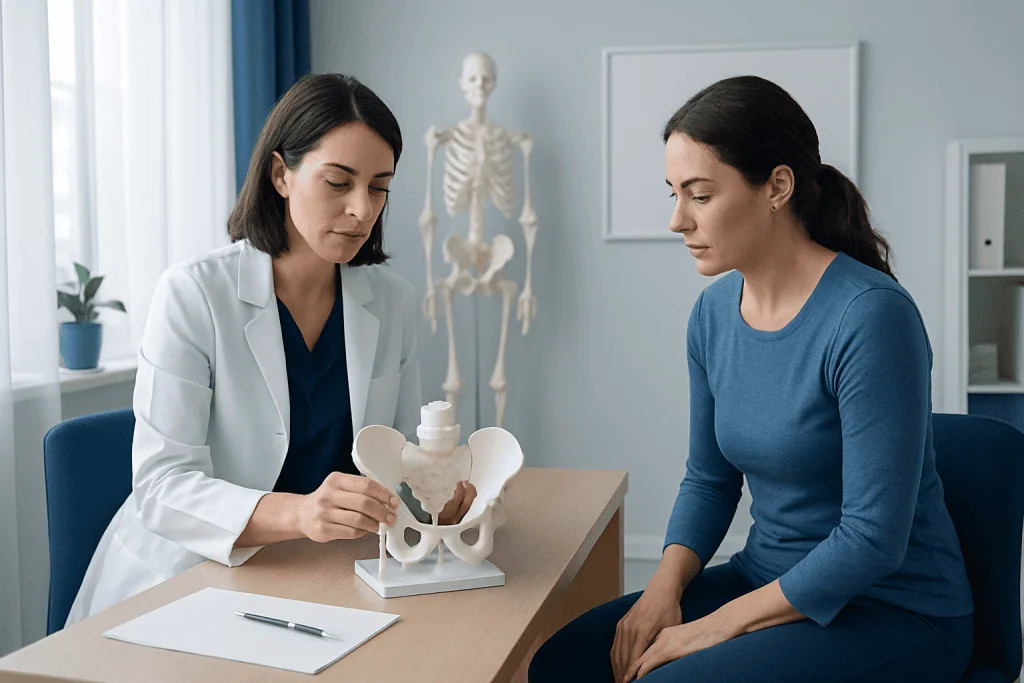 Doctor explaining hip anatomy to patient with model in clinic.