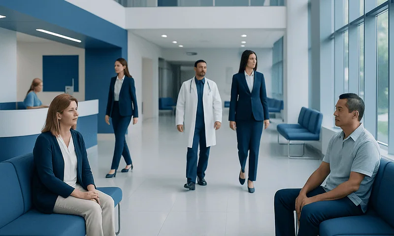 Medical professionals and patient in a modern hospital lobby.