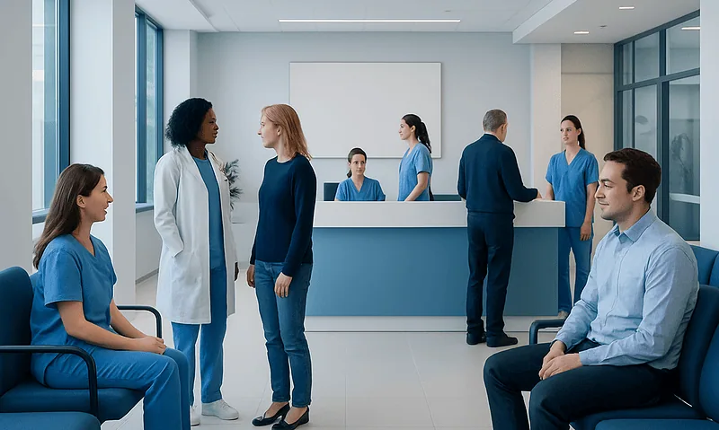 Patients and staff in a modern hospital reception area.