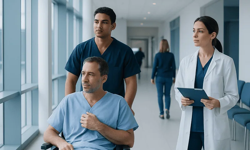 Post-surgery patients with medical staff in hospital corridor.