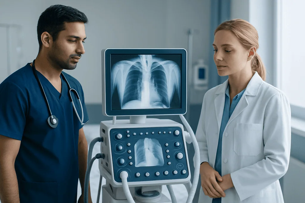 Medical professionals reviewing chest X-ray in hospital setting.