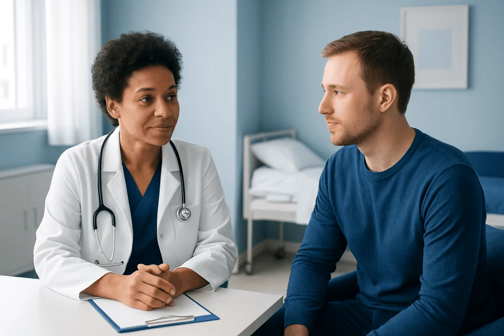 Doctor consulting with patient in a hospital room for sleep health.