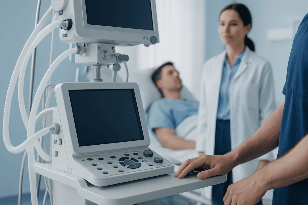 Medical professionals using ultrasound equipment in a hospital setting.