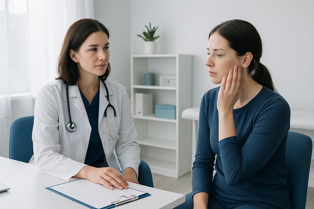Doctor consulting patient about jaw pain and popping issues.