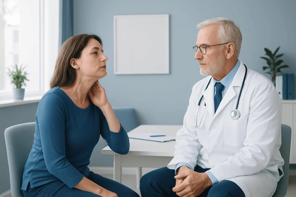Doctor consulting with a female patient in a medical office.