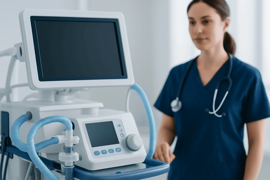 Medical professional with ventilator in hospital setting.