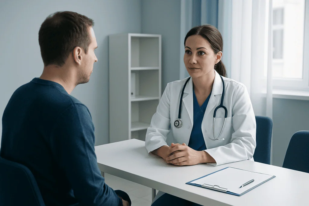 Doctor consulting with a patient in a modern medical office.