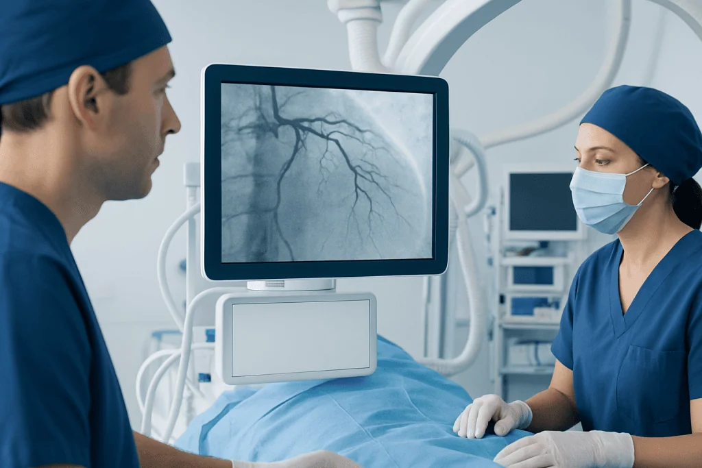 Medical professionals analyzing coronary angiography images in a hospital.