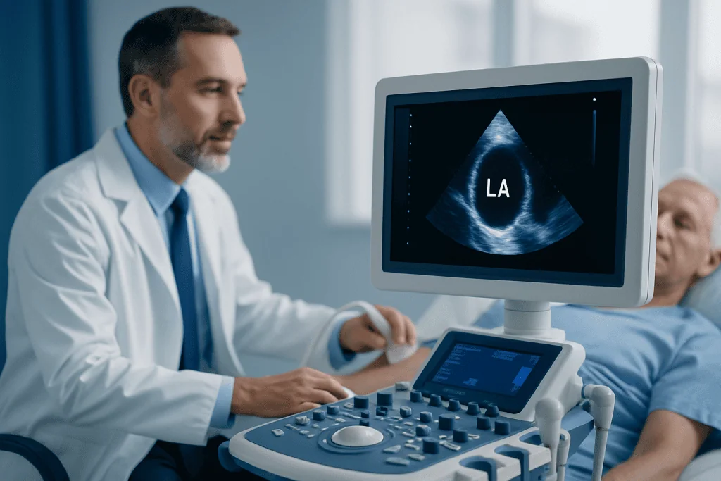 Doctor performing an echocardiogram to assess left atrial size.