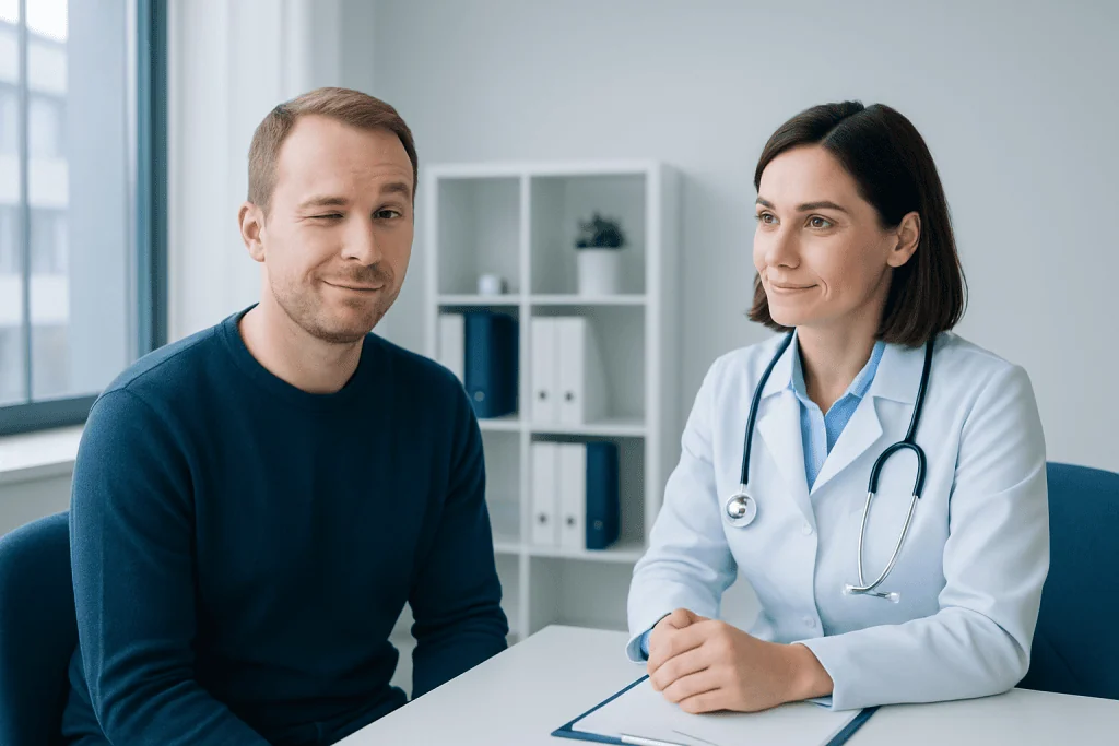 Doctor consulting with a male patient in a modern clinic setting.