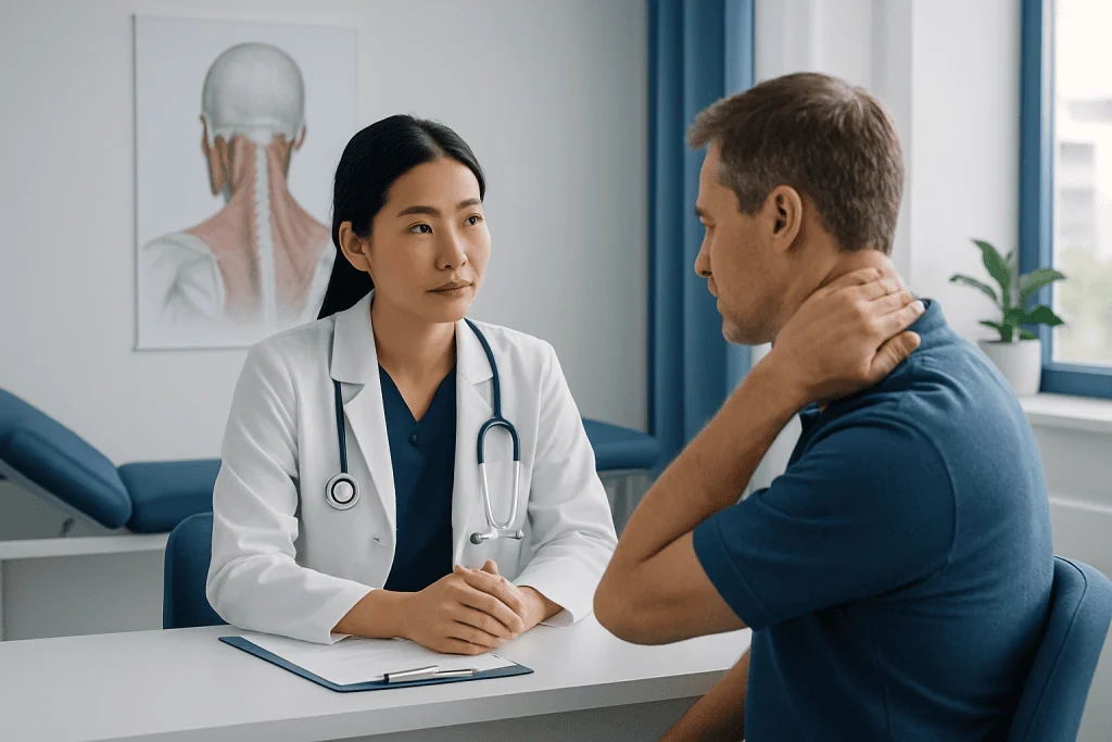 Doctor consulting patient about neck pain in a medical office.