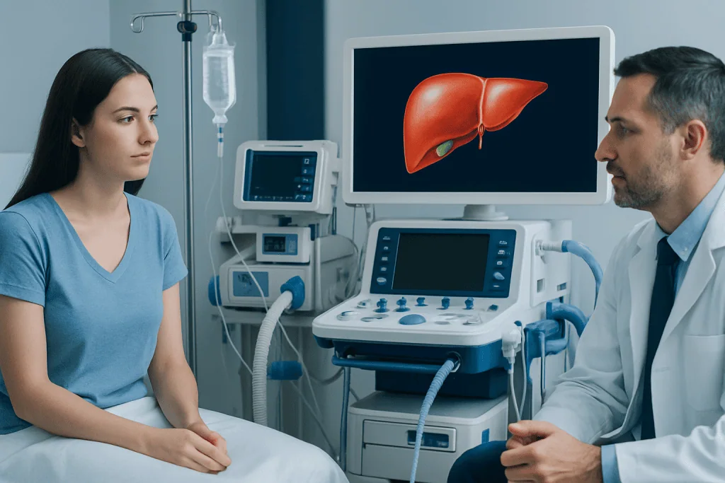 Doctor explaining liver health to a patient in a medical consultation room.